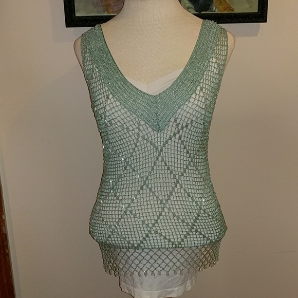 BEST OF YESTERDAY Seafoam HandKnit Crochet Beaded Swim Coverup Stretchy Top $125 - Picture 3 of 10
